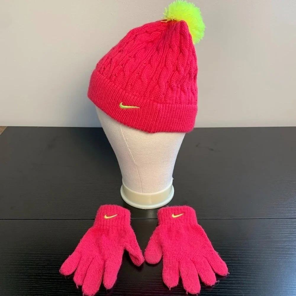 Nike Youth Swoosh Knit Pom‎ Beanie Hat & Gloves Set Neon Pink/Green Girls